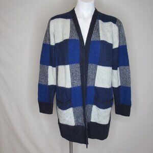 Lucky Brand Blue Buffalo Check Plaid Oversize Cardigan Sweater Women's L Large